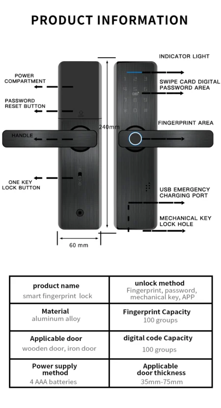 Smart Door Lock with Biometric Fingerprint - Card, Password, and Key Unlock - Image 14